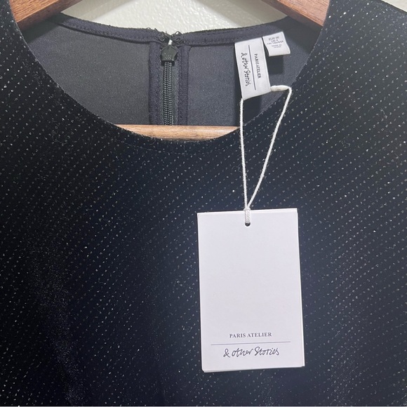 & Other Stories NWT Glitter Velour Shoulder Pad Long Sleeve Mini Dress Black, 4 - Picture 7 of 16